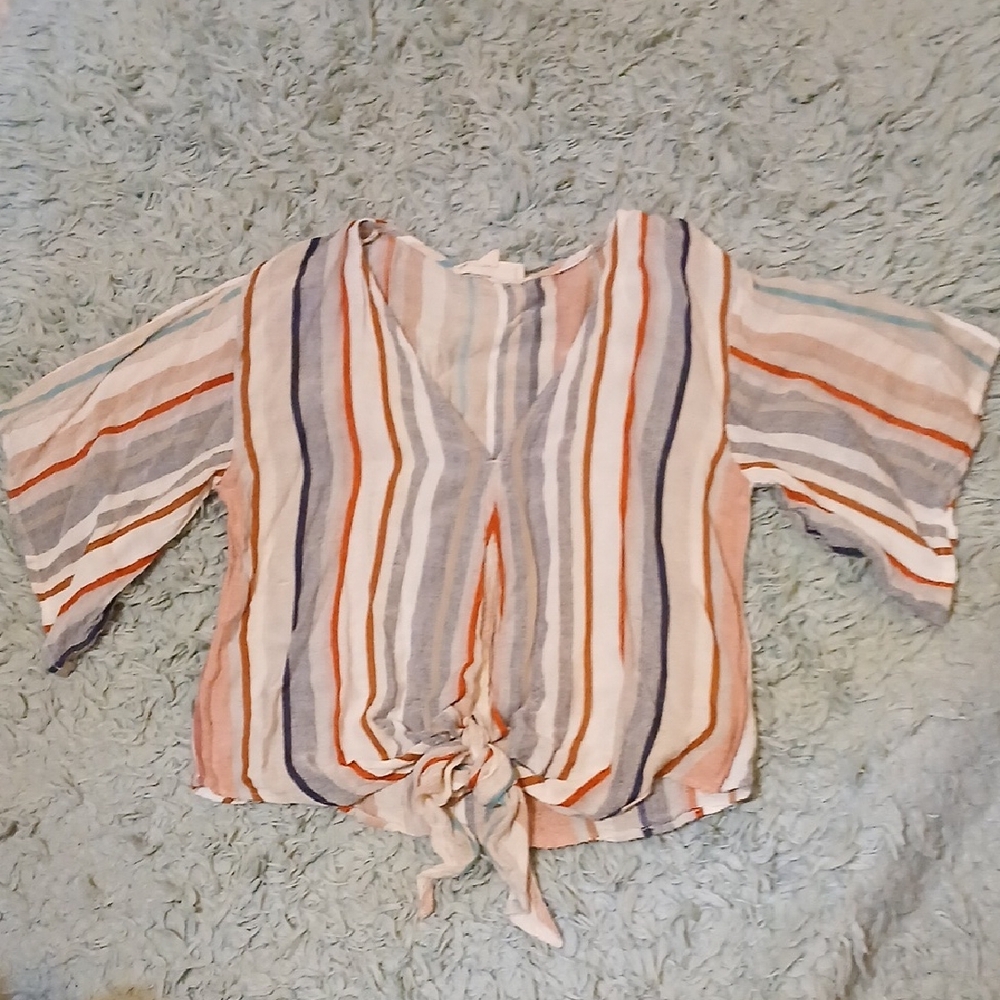 Striped Tie-Front Blouse in Peach, Blue & Cream